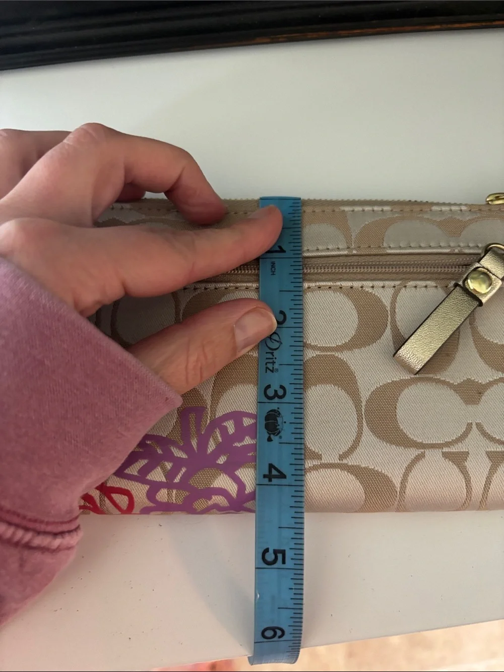 Coach Beige Signature Floral Wristlet with Gold Trim